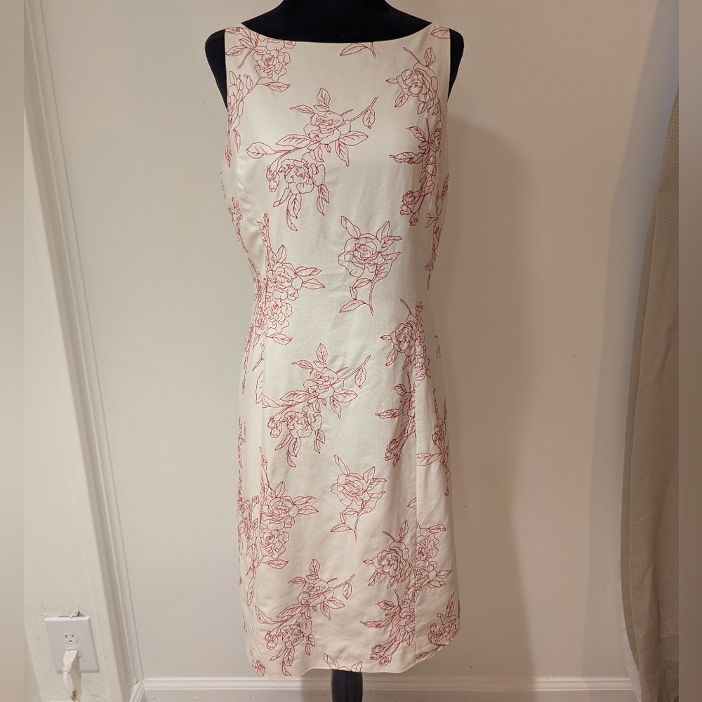 Vintage 1990s Ann Taylor Cream Dress Embroidered Red Rose Size 8P Silk Blend